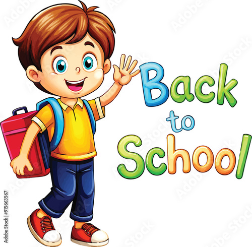 A cheerful cartoon boy goes back to school.