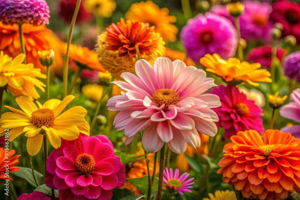 Vibrant flowers in shades of pink, yellow, and orange engulf a delicate hiding spot, evoking a sense of childhood wonder and innocence in a natural setting. Vibrant flowers in shades of pink, yellow, and orange engulf a delicate hiding spot, evoking a sense of childhood wonder and innocence in a natural setting.