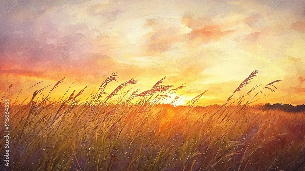 A serene landscape featuring golden grass illuminated by a vibrant sunset sky, creating a tranquil and warm atmosphere. A serene landscape featuring golden grass illuminated by a vibrant sunset sky, creating a tranquil and warm atmosphere.