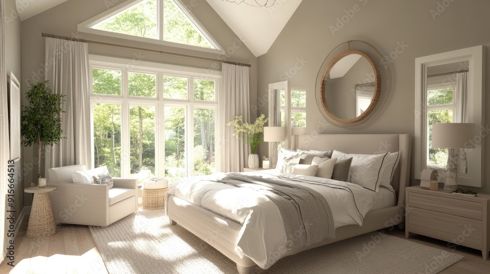 Fototapeta premium A serene master bedroom with a king-sized bed, soft neutral tones, and large windows letting in natural light, creating a peaceful retreat.