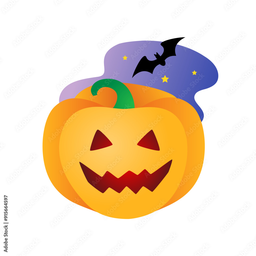 Fototapeta premium A scary pumpkin and a bat against the background of the starry sky. Isolated vector illustration for Halloween