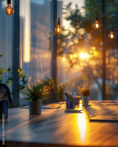 Mid-shot of a light modern office interior, panoramic windows, soft blurred background, warm ambient lighting,