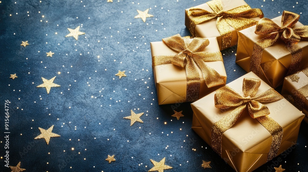 gifts with golden bows and ribbons placed on background near stars with copy space gifts with golden bows and ribbons placed on background near stars with copy space