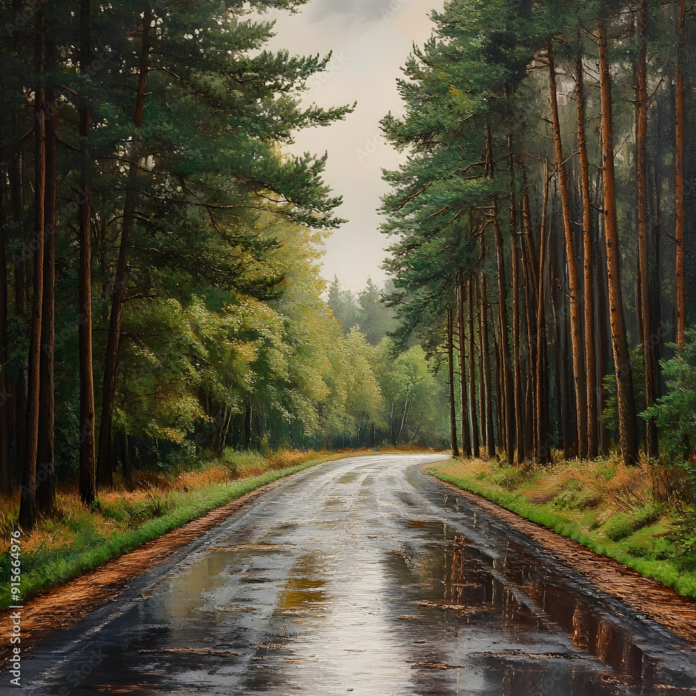 Fototapeta premium Quiet Pine Forest Road After Rain Refreshing Tranquil Nature Scenery