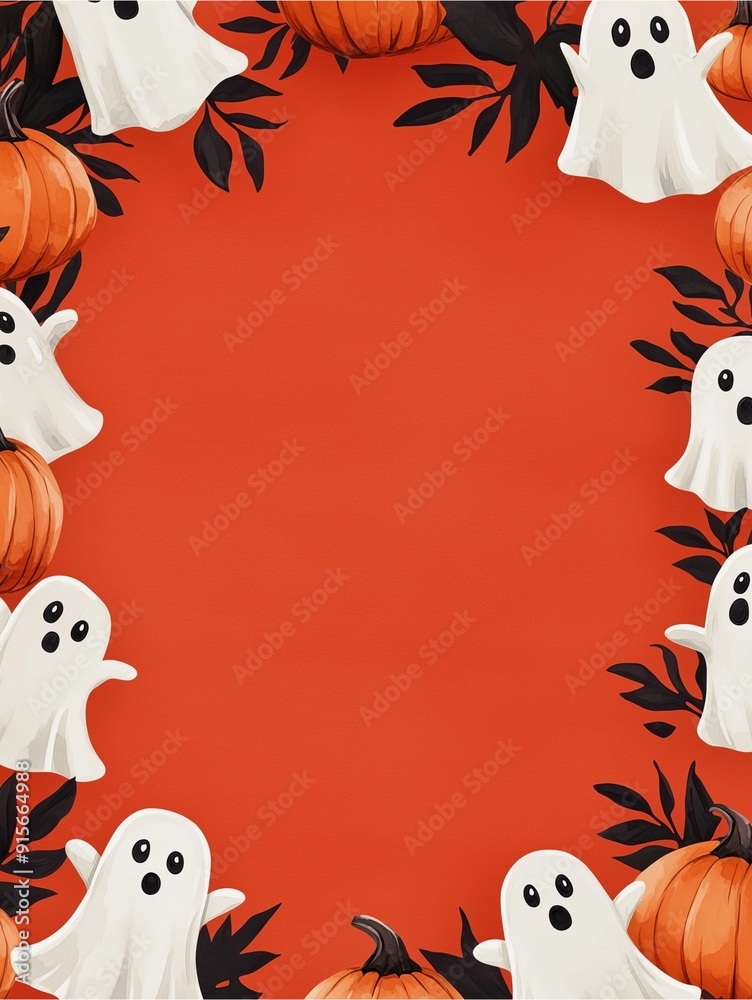 Fototapeta premium Halloween frame with ghosts and pumpkins on a bright orange background.