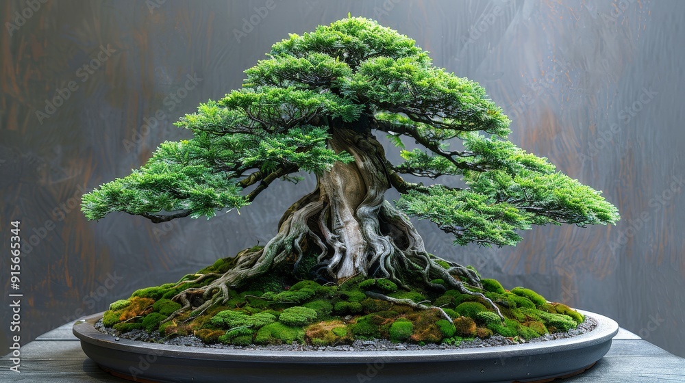 Bonsai with dense foliage and a unique trunk, presented on a plain background to highlight its beauty Bonsai with dense foliage and a unique trunk, presented on a plain background to highlight its beauty