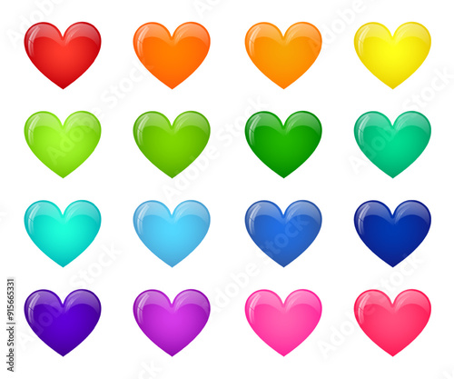 3d love icons in heart shape. Cute love emoji set red, pink, yellow, blue and green colors. Glossy heart shaped icons, emoticons for social media, vector cartoon illustration