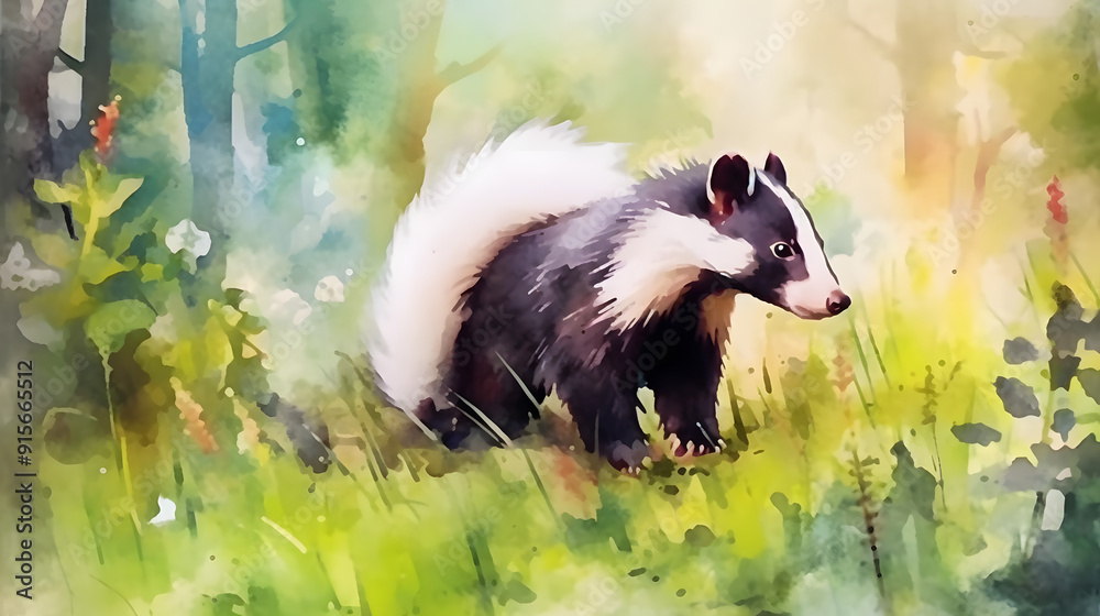 Naklejka premium Skunk In nature Watercolor Style