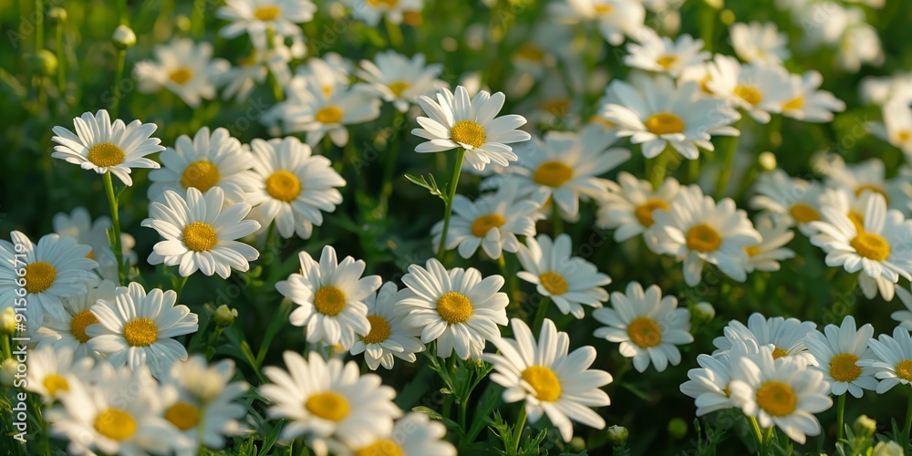 Daisies blooming in lush grass. Summer and nature concept for greeting cards and wallpapers. Banner with copy space. Daisies blooming in lush grass. Summer and nature concept for greeting cards and wallpapers. Banner with copy space.