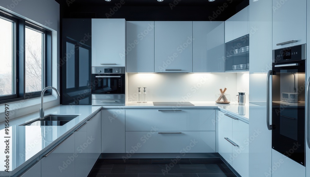 Modern Kitchen Interior Design with White Cabinets and Black Appliances. Modern Kitchen Interior Design with White Cabinets and Black Appliances.