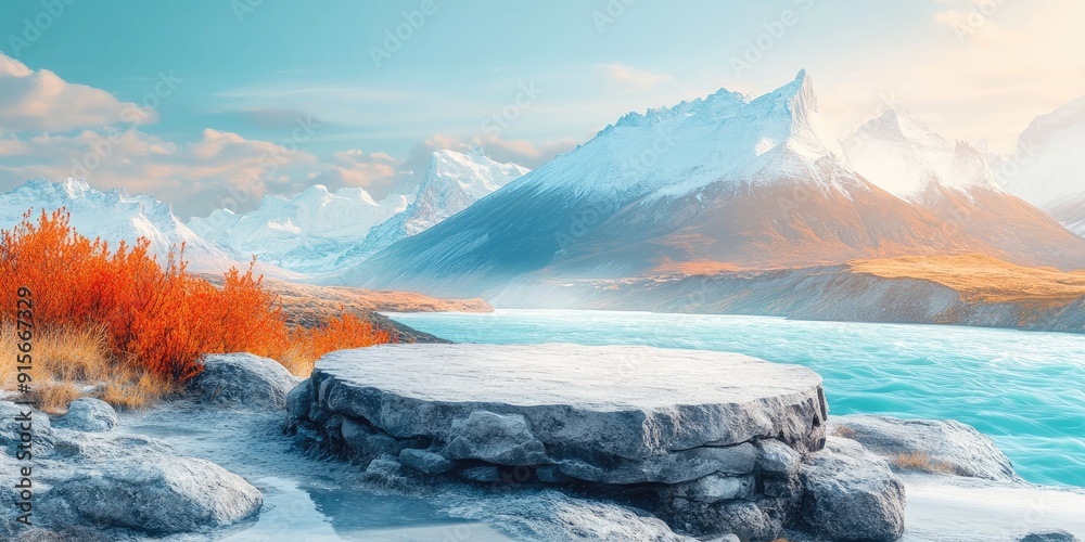Stone Platform Overlooking a Mountain Lake with Snow-capped Peaks Stone Platform Overlooking a Mountain Lake with Snow-capped Peaks