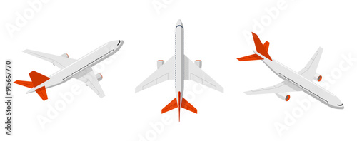 Passenger aircraft set. Flying plane collection. Airplane top view, takeoff and landing views. Isolated graphic eps air transport