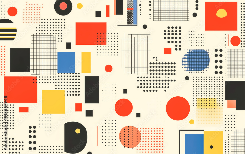 Geometric shapes and line art dance in a colorful flat pattern on an off-white canvas. Geometric shapes and line art dance in a colorful flat pattern on an off-white canvas.