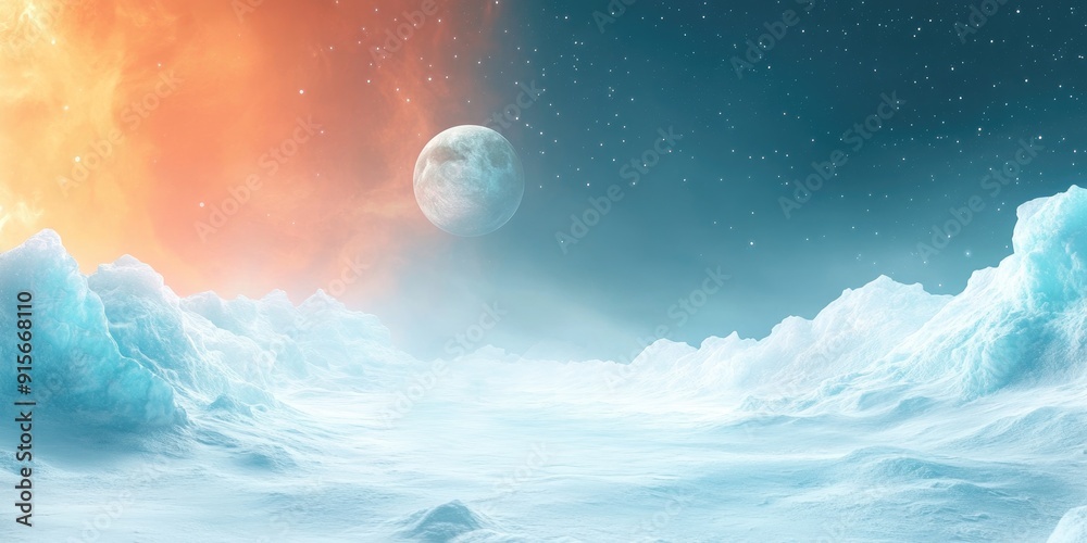 Fototapeta premium A Frozen Landscape Under a Starry Sky with a Distant Planet