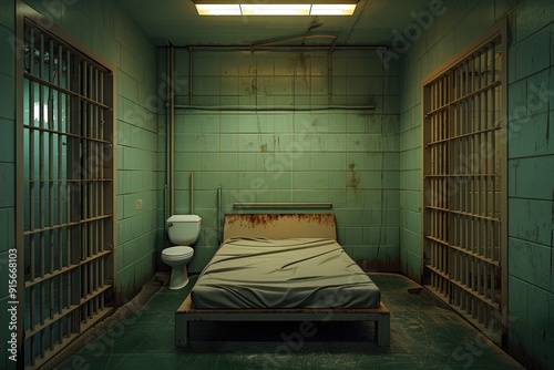 An empty prison cell with a bed and toilet, with blank space on the walls and floor for text photo