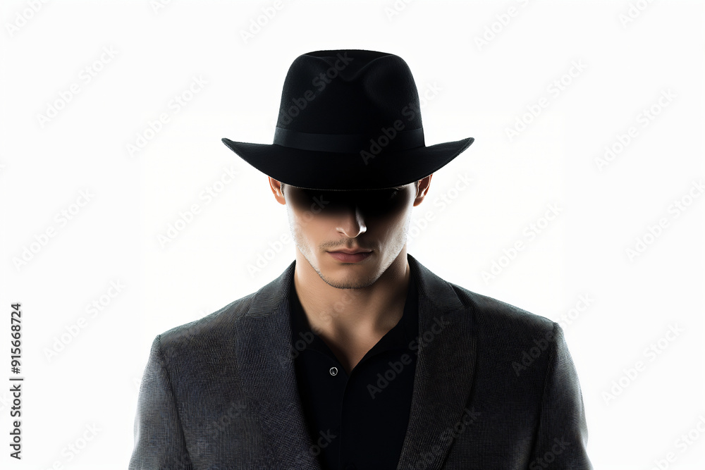 a mysterious man wearing black suit and black hat, on white background a mysterious man wearing black suit and black hat, on white background