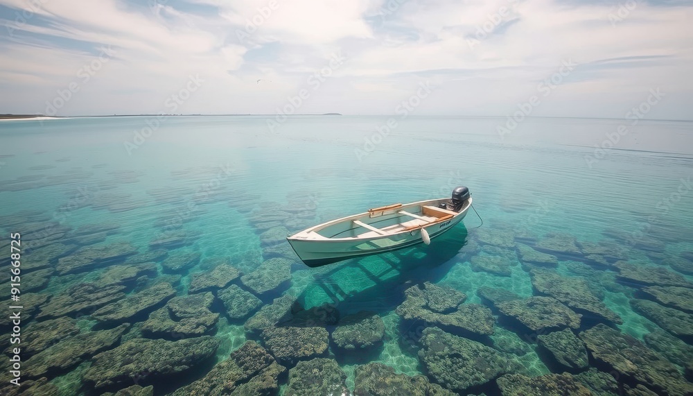 Fototapeta premium Small Boat in Clear Blue Water with Rocks