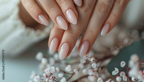 Close-up of woman's hands with manicured nails in elegant neutral light pink gel polish, showcasing