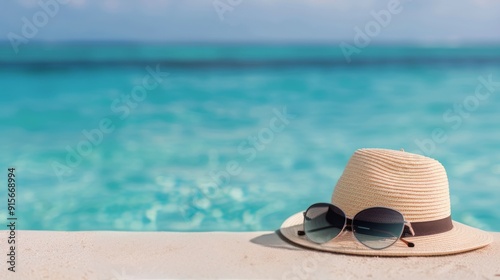 Relaxing Summer Hat and Sunglasses by Poolside on a Sunny Day