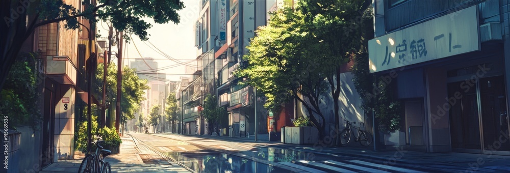 Naklejka premium Cycling Avenue: An Anime-Inspired Street Perfect for a Bicycle Adventure and Urban Exploration Journey.