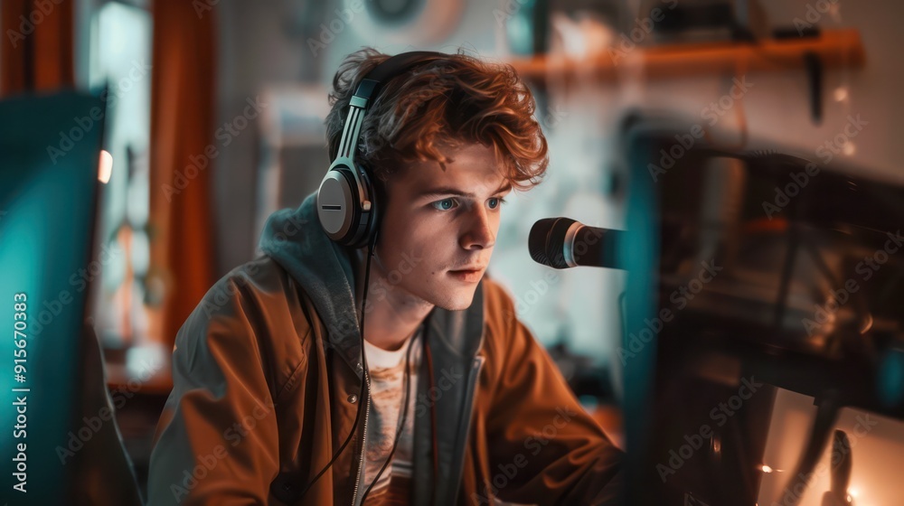 A Young man speaking into microphone in podcast in studio. A Young man speaking into microphone in podcast in studio.