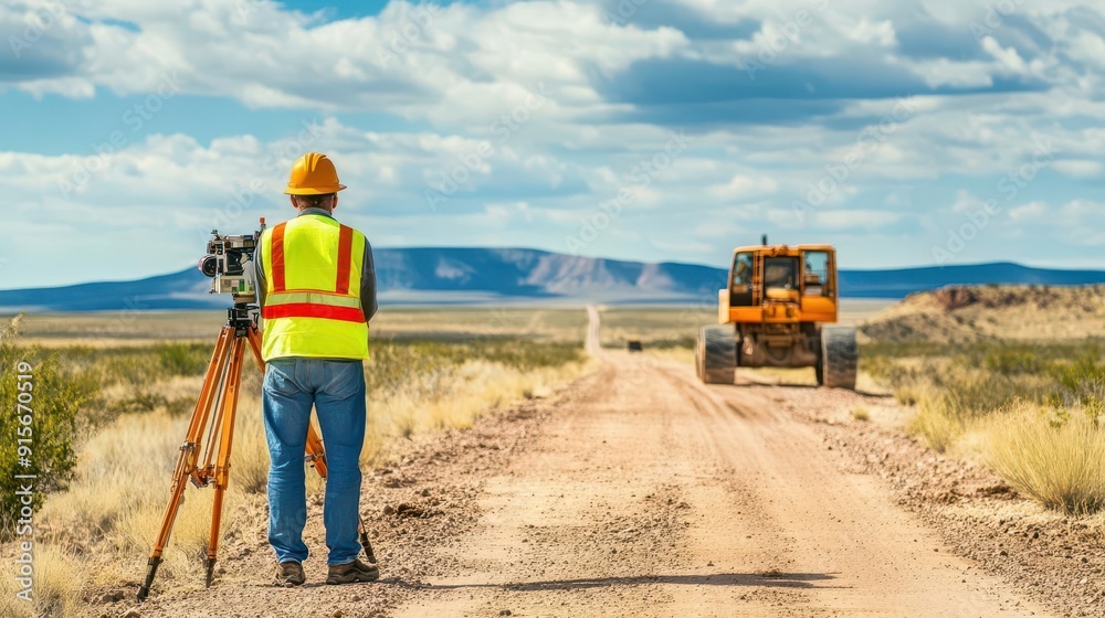 Engineer using theodolite transit equipment to take precise measurements for a pipeline construction project in a remote area Engineer using theodolite transit equipment to take precise measurements for a pipeline construction project in a remote area