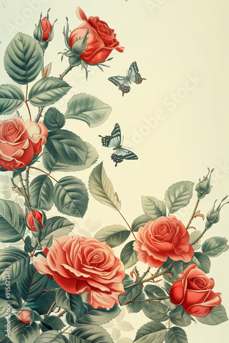 67. Elegant floral border with intricate details, featuring roses and butterflies.