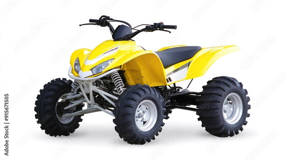 A bright yellow and black off-road four-wheeler ATV positioned against a clean white background A bright yellow and black off-road four-wheeler ATV positioned against a clean white background