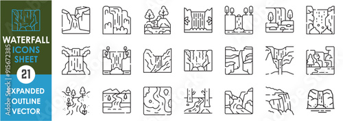A set of line icons related to Waterfall. River, spring, fall, water, fountain, mountain, cliff, natural, niagara, rocks, and so on. Vector outline icons set.