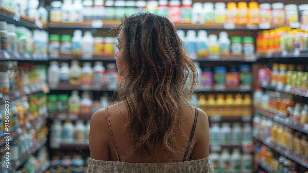 A woman stands in front of a huge collection of vitamin bottles on a shelf in a grocery store. A woman stands in front of a huge collection of vitamin bottles on a shelf in a grocery store.