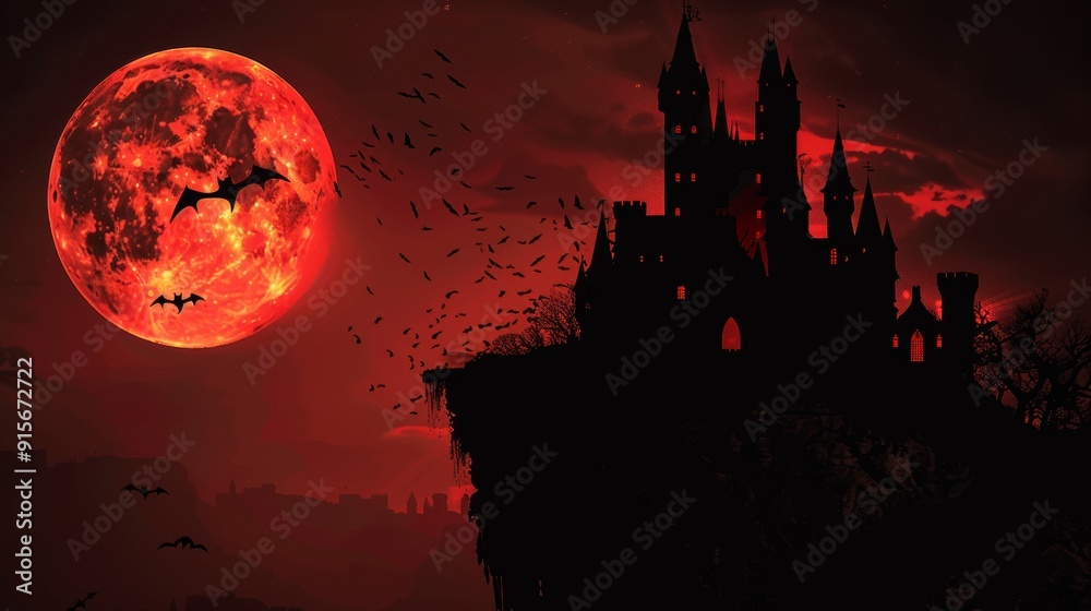 horror castle on a hill with a red moon in the background horror castle on a hill with a red moon in the background