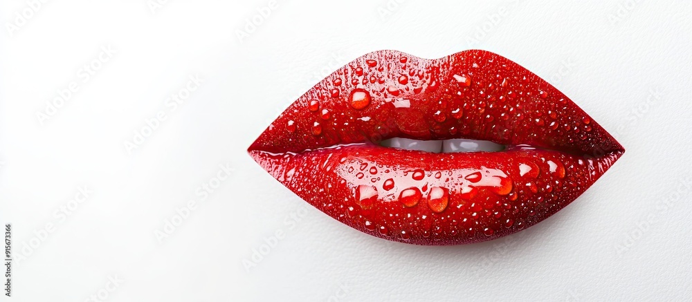 Macro red lipstick with water droplets isolated on a white background with copyspace in a horizontal layout Macro red lipstick with water droplets isolated on a white background with copyspace in a horizontal layout