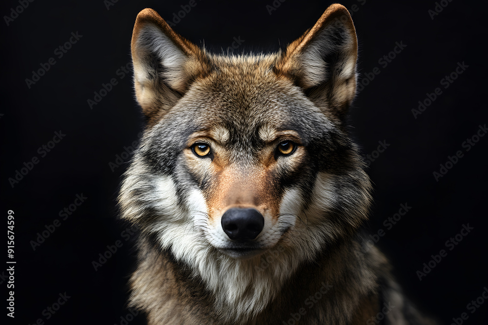Fototapeta premium Portrait of adult wolf on black background
