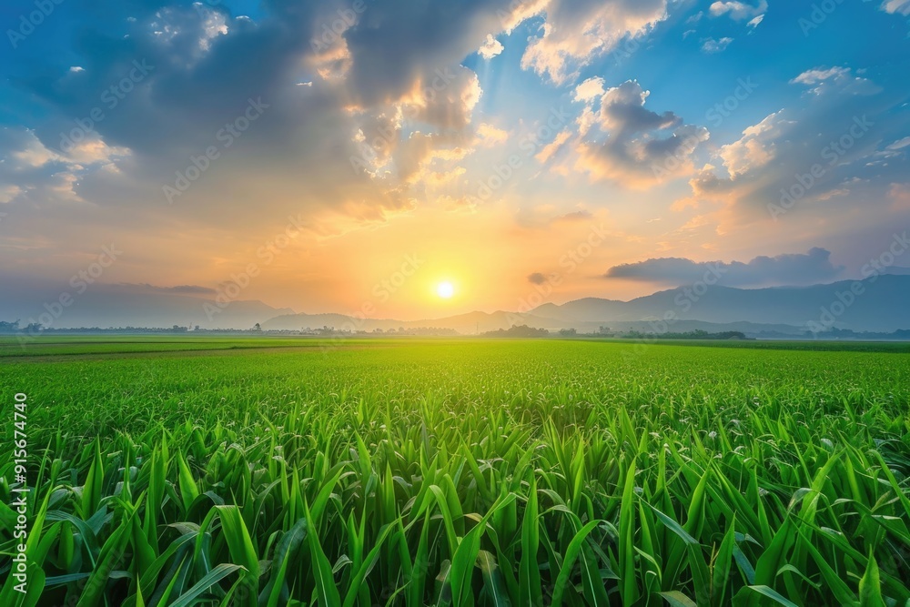 Summer Agriculture. Beautiful Asia Country Harvest with Cornfield in Green Field under Sunset Sky Background Summer Agriculture. Beautiful Asia Country Harvest with Cornfield in Green Field under Sunset Sky Background
