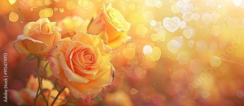 Fototapeta Naklejka Na Ścianę i Meble -  Yellow rose on a background of bokeh hearts Featuring copy space for expressing love in various ways