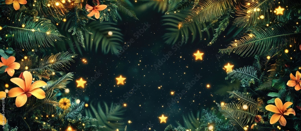 Natural frame featuring golden stars and tropical flowers among ferns Dreamy rustic backdrop Text space. with copy space image. Place for adding text or design Natural frame featuring golden stars and tropical flowers among ferns Dreamy rustic backdrop Text space. with copy space image. Place for adding text or design