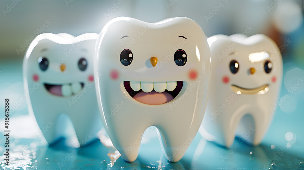 Obraz premium cheerful smiling tooth characters: bright and playful dental concept on turquoise background