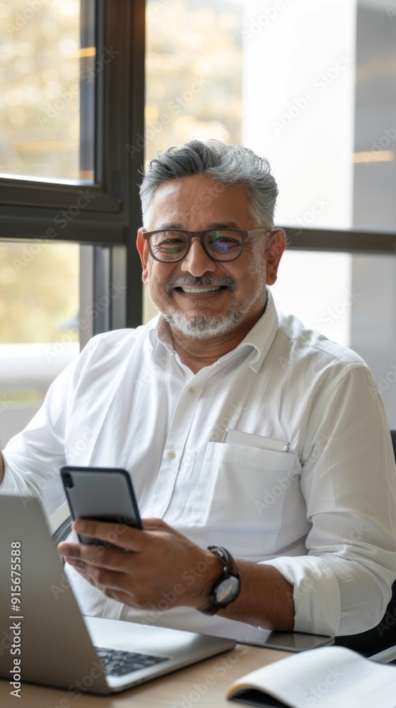 A man with glasses is smiling and holding a cell phone A man with glasses is smiling and holding a cell phone
