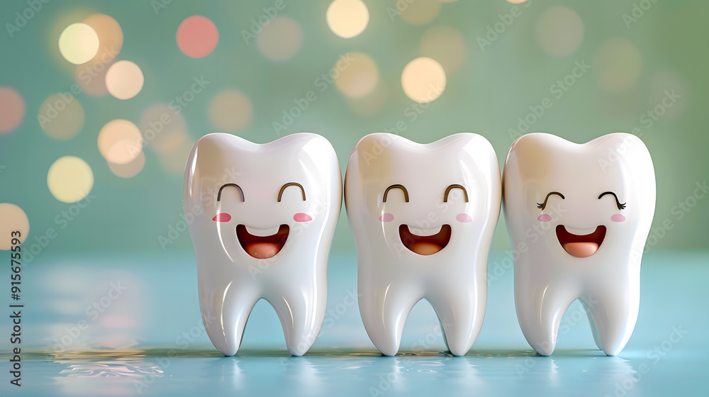 cheerful smiling tooth characters: bright and playful dental concept on turquoise background cheerful smiling tooth characters: bright and playful dental concept on turquoise background
