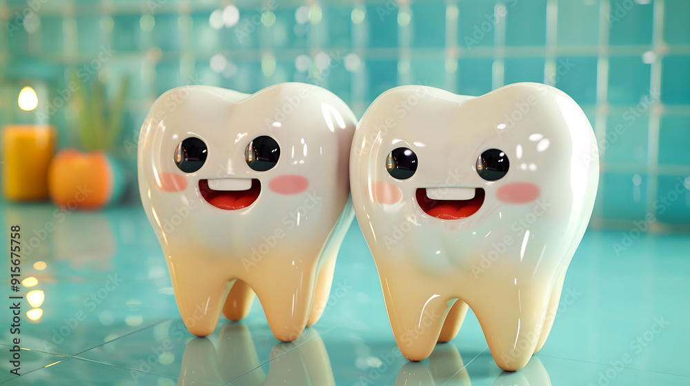 Obraz premium cheerful smiling tooth characters: bright and playful dental concept on turquoise background