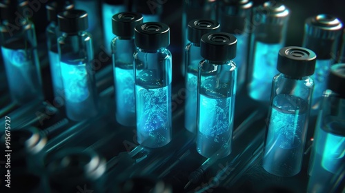 Glowing medical vials on a dark background