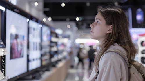 A Lifestyle image of young woman looking at screen in Scandinavian electronics store.