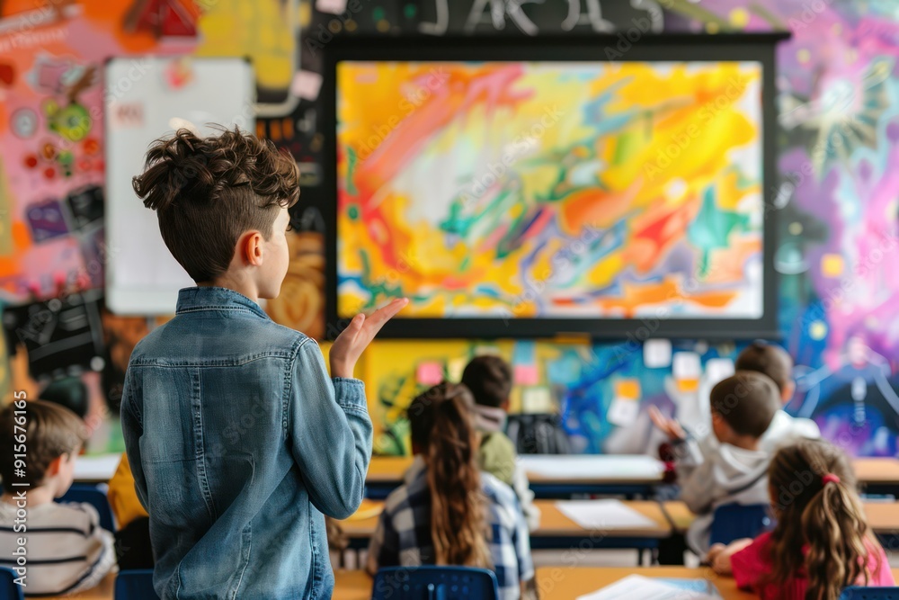 A kids presents colorful art painting printed on a wall in his classroom. Let another friends listen. A kids presents colorful art painting printed on a wall in his classroom. Let another friends listen.