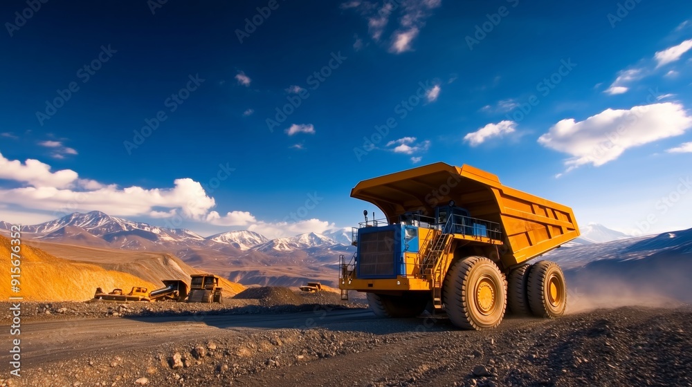 Obraz premium An isolated mining truck on a construction site, with a clear view of the dirt-filled landscape and industrial tools in the background.