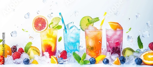 Colorful summer drinks arrangement A variety of vibrant alcoholic cocktails and beverages in assorted glasses adorned with tropical fruit set against a white background with copy space