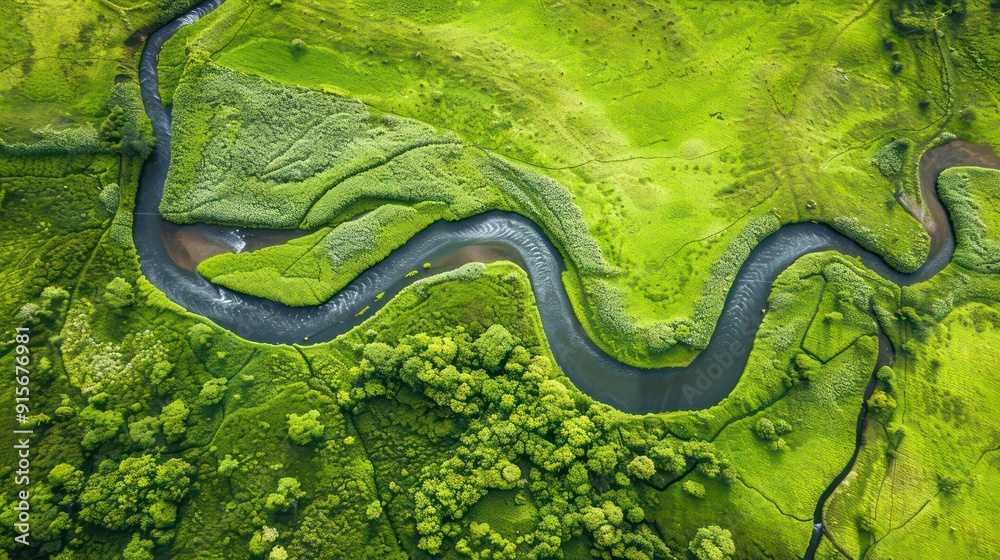 Aerial View of a Winding River through Lush Green Landscape Aerial View of a Winding River through Lush Green Landscape