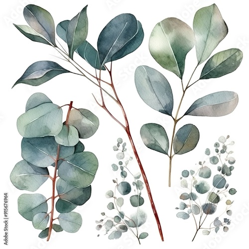 Watercolor illustration of eucalyptus leaves and branches.