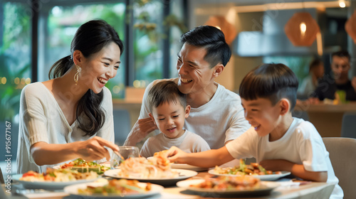 Joyful family of four shares a meal together, laughing and bonding over dinner at a cozy restaurant.