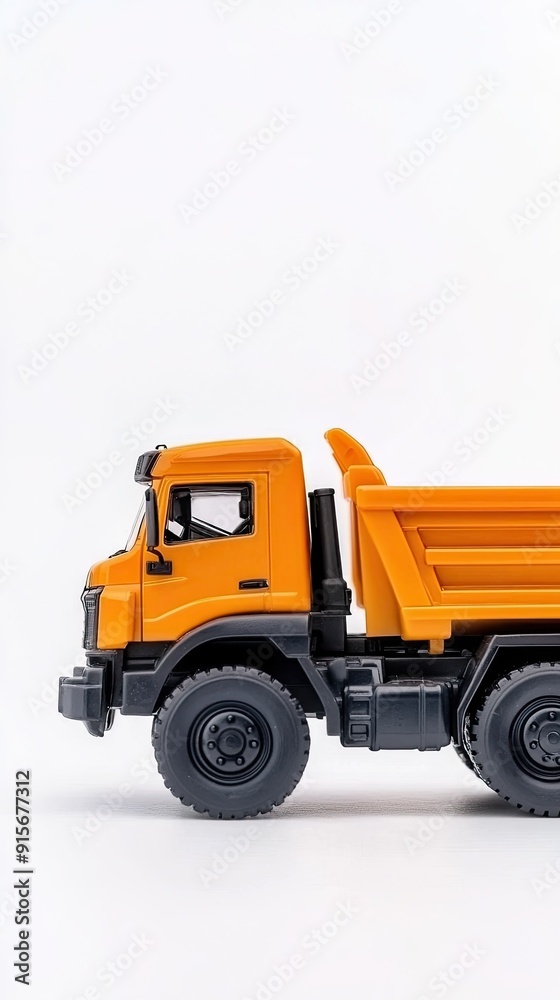 Fototapeta premium Brightly colored plastic toy truck with a large bucket isolated on white
