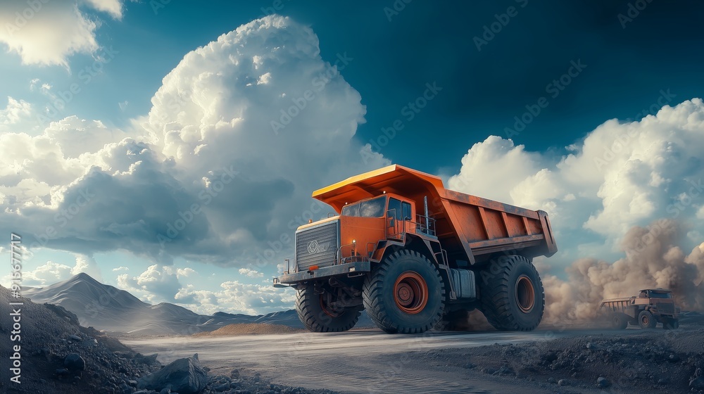 A mining truck isolated against a backdrop of earth and sky on a construction site. A mining truck isolated against a backdrop of earth and sky on a construction site.